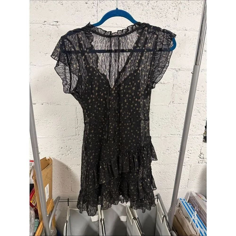Lost & Wander - Sheer Black Star-Print Ruffle Mini Dress - Size Small
